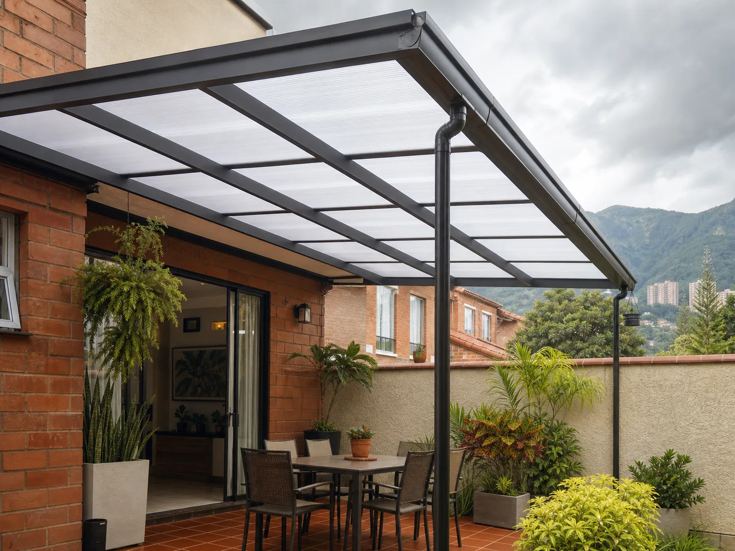 Pérgola con cubierta de policarbonato translúcido sobre una terraza en Medellín